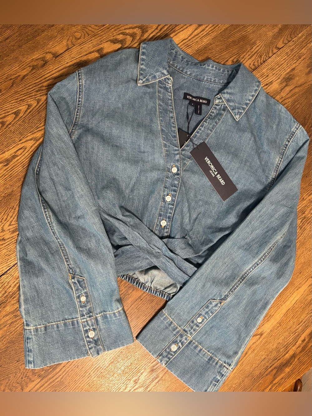 Veronica Beard | Timothy Twist Hem Denim Shirt- Light Blue - Picture 7 of 11